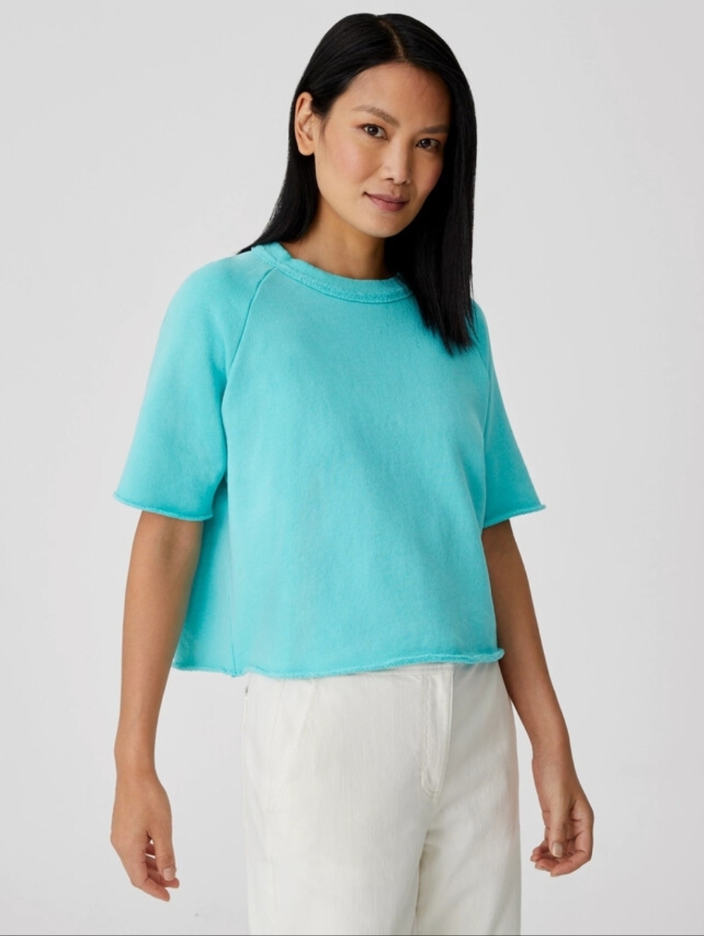 Eileen Fisher Organic Cotton French Terry Box-Top Aqua Blue Relaxed Size XL